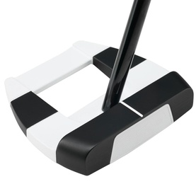 Odyssey putter in black and white multi-tone finish, mallet-style head with alignment lines and black shaft