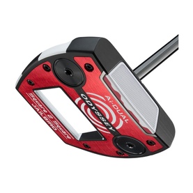 Odyssey O-Works Red putter with black and red mallet head, white face insert, and steel shaft on white background