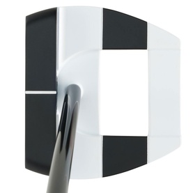 Putter head in black and white checkerboard design, shot from above showing square mallet face alignment aid and steel shaft