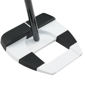 Black and white mallet-style golf putter head with geometric contrast panels, viewed from above on white background