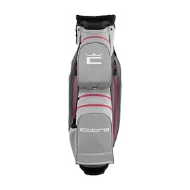 Cobra grey and pink golf cart bag with multiple compartments, top divider system, and cobra crown logo branding