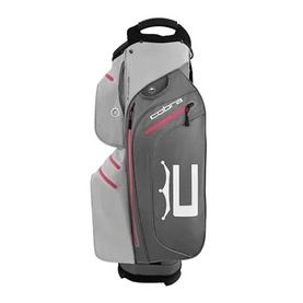 Cobra golf cart bag in grey and charcoal with pink zip detailing, carry handle, and large front pocket with logo