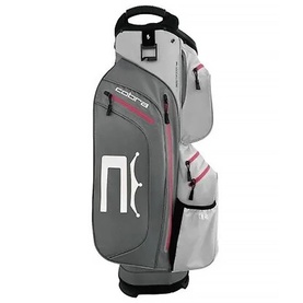 Cobra golf cart bag in grey and charcoal with pink zip detailing, multiple pockets, and carry handle