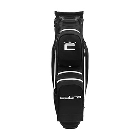 Cobra cart bag in black with white logo branding, top carry handle, and structured base with contrast white trim detail