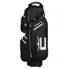 Cobra cart bag in black with white logo detailing, multiple zip pockets, carry handle, and structured base