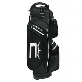 Cobra cart bag in black with white logo, multiple zip pockets, carry handle, and shoulder strap