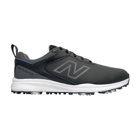 New Balance golf shoe in dark grey with white midsole, silver spiked outsole, lace-up fastening and tonal N logo