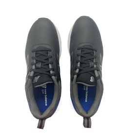 New Balance grey lace-up trainers, overhead shot showing blue branded insole and white midsole detail