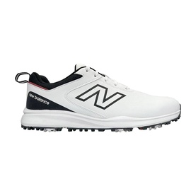 New Balance Golf men's golf shoe in white and black, spiked rubber sole, leather upper with navy N logo detail