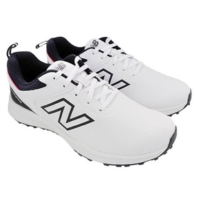 New Balance Golf men's golf shoes in white and black, featuring large N logo, lace-up design, and spikeless rubber sole.