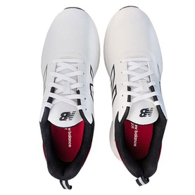 New Balance Golf shoes in white and black, top-down view showing laces, NB branding, and red jersey lining interior