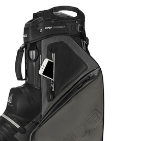 Big Max cart bag in black grey, close-up of front pocket with phone slot and zip compartments