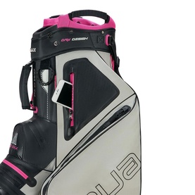 Big Max cart bag in black, grey and fuchsia, showing zippered pockets with phone sleeve and dual-tone top handle detail