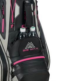 Big Max cart bag in black, grey and fuchsia, close-up showing branded pocket with two water bottle holders and pink zip detail