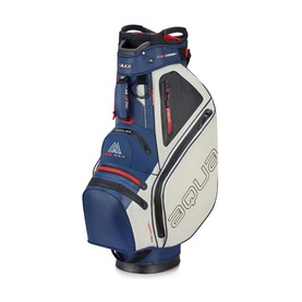 Big Max Aqua Sport golf cart bag in navy and sand with red accents, multiple pockets and club divider top