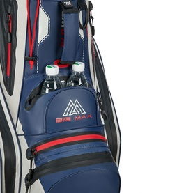 Big Max golf stand bag in navy blue with red and white trim, featuring dual water bottle pocket and branded logo detail