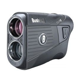 Bushnell Tour V5 golf laser rangefinder in dark grey, compact handheld design with rubberised grip and lens viewfinder