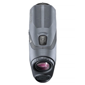 Bushnell rangefinder in dark grey with purple-tinted lens, compact cylindrical body with textured grip and top button, front-facing view