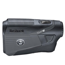 Bushnell Tour V5 golf laser rangefinder in black, compact monocular design with textured rubber grip and brand logo.