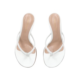 Gianvito Rossi white leather thong heeled sandals with slender straps, nude insole, flat lay overhead view