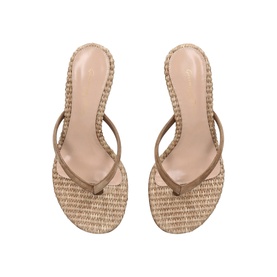 Gianvito Rossi brown woven raffia thong sandals with slim tan leather straps, overhead flat lay view