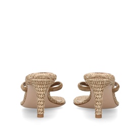 Gianvito Rossi brown woven raffia mule heels, double strap detail, kitten heel, rear view