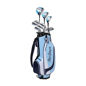 MacGregor golf club set in light blue and navy stand bag with multiple irons, woods and driver included