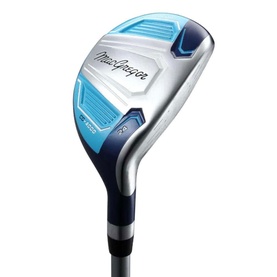 MacGregor golf hybrid club in silver and blue, with navy hosel and branded crown detail, angled sole view
