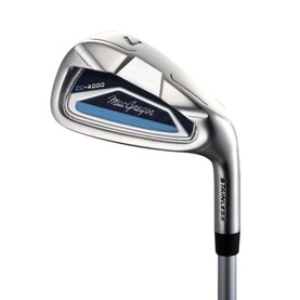 MacGregor CG4000 iron golf club with silver head, blue face insert, and graphite shaft on white background