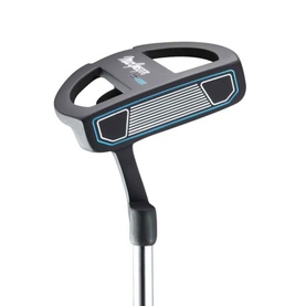 MacGregor golf putter with black mallet head, blue accent detailing, ribbed face insert, and silver steel shaft