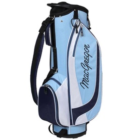 MacGregor golf stand bag in light blue, white and navy with script logo, zip pockets and padded shoulder strap