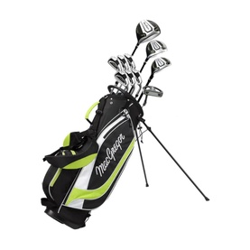 MacGregor golf club set with black and lime green stand bag, multiple irons and driver visible, with folding stand legs