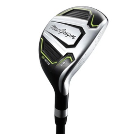 MacGregor golf hybrid club in silver with green accents, featuring branded crown and dark graphite shaft
