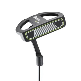 Dark grey and neon green mallet-style golf putter with hosel neck, striped face insert, and slim graphite shaft on white background