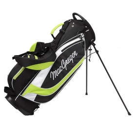 MacGregor golf stand bag in black and lime green with white detailing, dual carry straps and fold-out legs