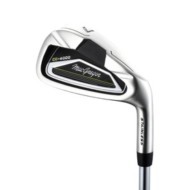 MacGregor CG4000 stainless steel golf iron, silver with black and yellow detailing, shown at angle highlighting cavity back design