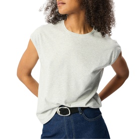 Model wearing Whistles grey cap-sleeve crew-neck T-shirt, styled with dark jeans and a black belt.