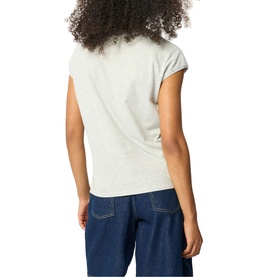 Model wearing Whistles grey short sleeve T-shirt, back view, styled with blue wide-leg denim jeans.