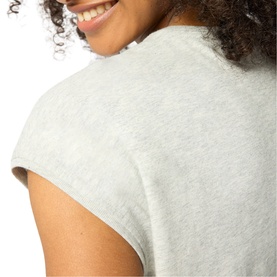 Model wearing Whistles grey marl short sleeve top, close-up back view showing textured fabric and cap sleeve detail.