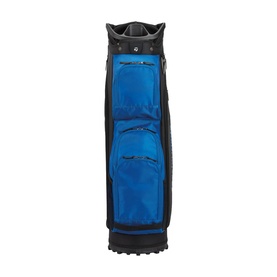 TaylorMade cart golf bag in black and royal blue, multiple front pockets, rubberised base, and top divider system