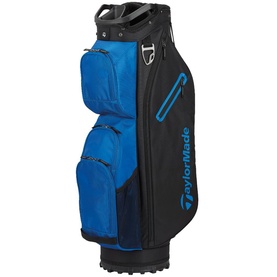 TaylorMade cart bag in Black Royal, featuring multiple zip pockets, carry handle, and rubber base stand