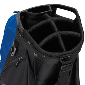 TaylorMade cart bag in Black Royal, showing 14-way divider top, carry handle, and zip pockets detail