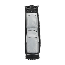 TaylorMade cart bag in black and grey with multiple zip pockets and structured top divider
