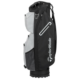TaylorMade cart bag in black and grey with multiple zip pockets, carry handle, and shoulder strap attachment point