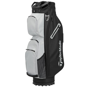 TaylorMade cart bag in black and grey, with multiple zip pockets, carry handle, and branded logo on front panel