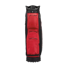 Red and black golf cart bag with multiple front pockets, top divider system, and textured base, shown from the front.