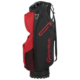 TaylorMade golf cart bag in black and red with multiple zip pockets, mesh side pocket, and rubberised base