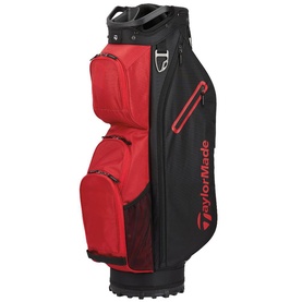 TaylorMade golf cart bag in red and black with multiple zip pockets, carry handle, and structured base