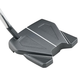 Odyssey putter in dark gunmetal finish with geometric alignment lines on mallet head and silver hosel shaft