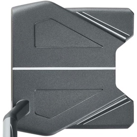 Dark grey mallet-style golf putter head with geometric cut-outs, white alignment lines, and curved hosel, shot from face-on angle